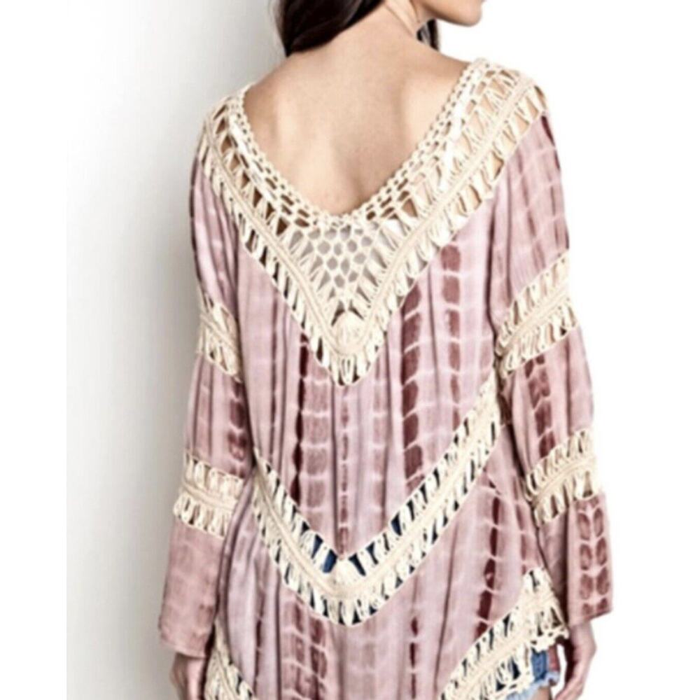 Umgee Boho Pink Tie Dye Top Size L Crochet open weave Festival High Low Hem - Picture 5 of 16